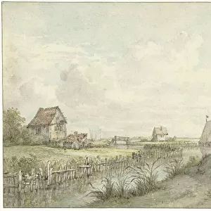 River landscape with draftsman sketching between huts, 1776-1822. Creator: Jan Hulswit