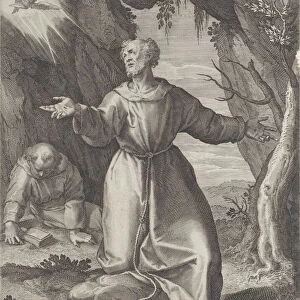 Saint Francis kneeling with his arms outstretched, looking towards a cherub at upper left