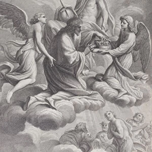 Saint Louis of France received into heaven by Christ and two angels who offer him the c