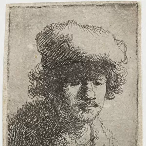 Self-portrait with cap pulled forward, c. 1630. Creator: Rembrandt van Rhijn (1606-1669)