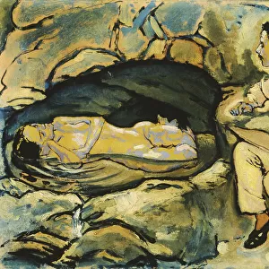 Self-Portrait, drawing with mermaid in the rock grotto, 1914. Creator: Moser, Koloman (1868-1918)