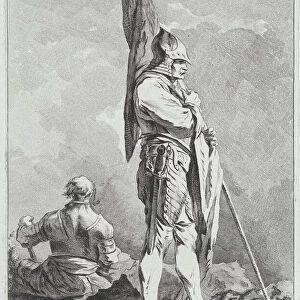 Two Soldiers, One Standing Holding a Flag, One Seated Seen from Behind, 1764. Creator: Matthias Pfenninger