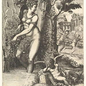 Venus pricked by the thorns on a rose bush, in the background Mars chasing Adonis