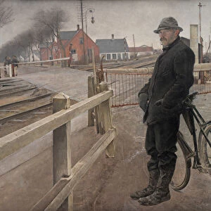 Waiting for the Train. Level Crossing by Roskilde Highway, 1914. Creator: Ring, Laurits Andersen