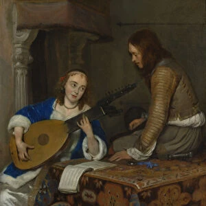 A Woman Playing the Theorbo-Lute and a Cavalier, ca. 1658. Creator: Gerard Terborch II