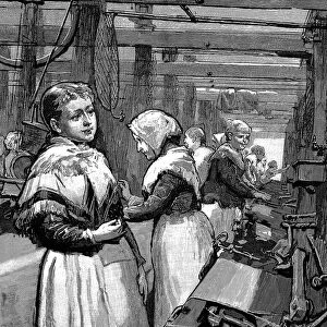 Women operatives tending power looms in a Yorkshire woollen mill, 1883