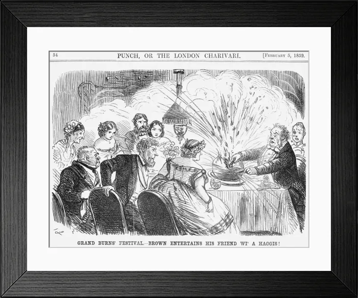 Framed Print : Grand Burns Festival. - Brown Entertains his Friend wi a Haggis!, 1859. Artist: John Leech Framed Print : Grand Burns Festival. - Brown Entertains his Friend wi a Haggis!, 1859. Artist: John Leech