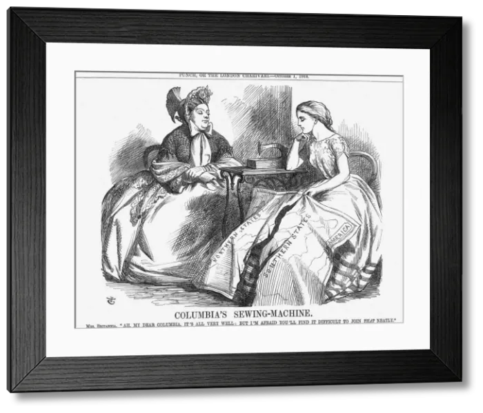 Framed Print : Columbias Sewing-Machine, 1864. Artist: John Tenniel Framed Print : Columbias Sewing-Machine, 1864. Artist: John Tenniel