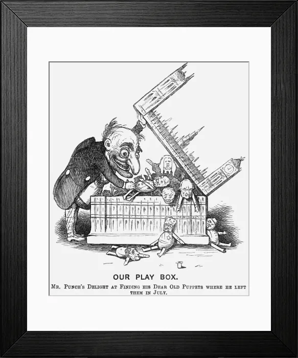 Framed Print : Our Play Box. Mr Punchs Delight at Finding His Dear Old Puppets where He Left Them in July, 1865 Framed Print : Our Play Box. Mr Punchs Delight at Finding His Dear Old Puppets where He Left Them in July, 1865