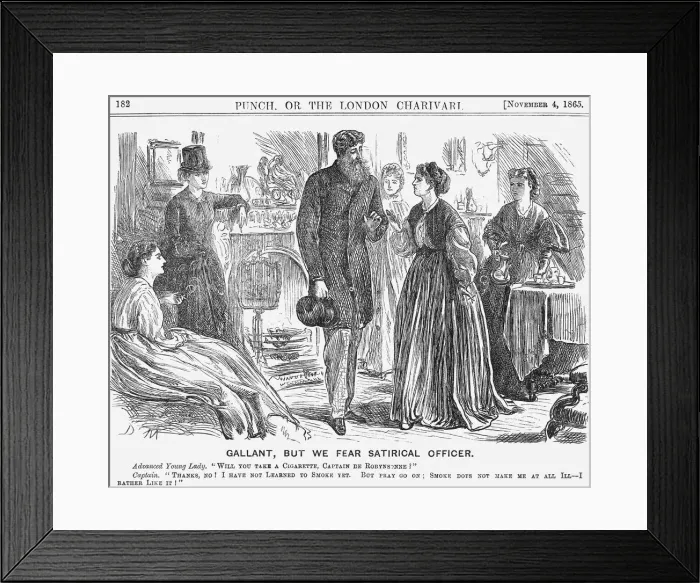 Framed Print : Gallant, but we fear Satirical Officer, 1865. Artist: George du Maurier Framed Print : Gallant, but we fear Satirical Officer, 1865. Artist: George du Maurier