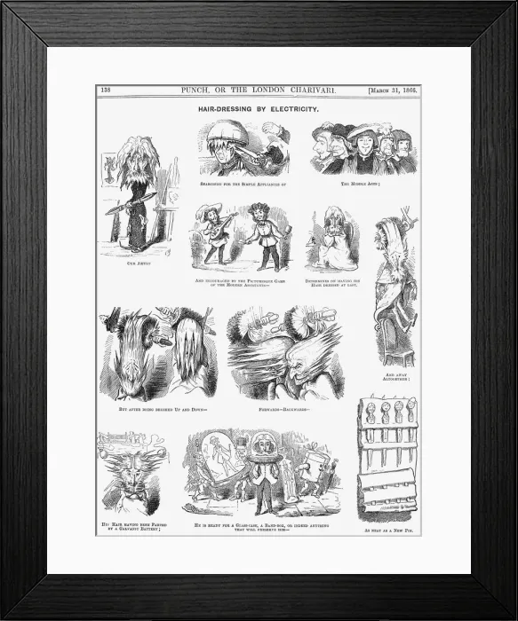 Framed Print : Hair-Dressing by Electricity, 1866 Framed Print : Hair-Dressing by Electricity, 1866