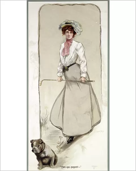 Two are Company, lady golfer with her dog, c1900