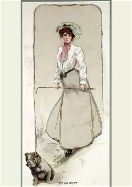 Two are Company, lady golfer with her dog, c1900