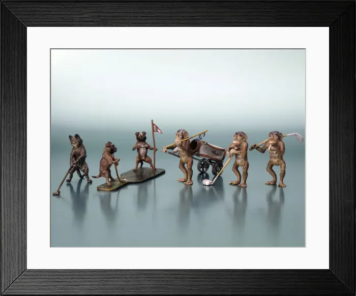 Framed Print : Miniature monkey and dog golfing ephemera Framed Print : Miniature monkey and dog golfing ephemera
