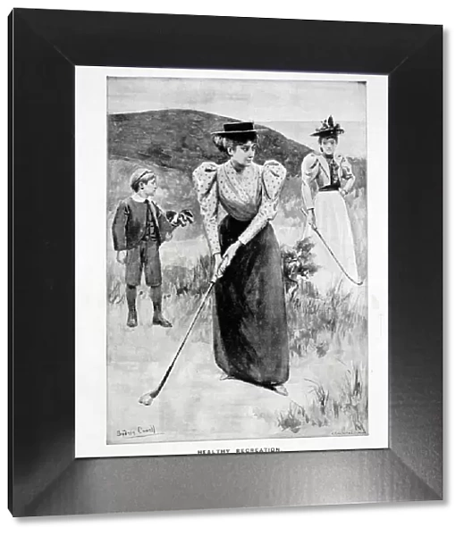 Healthy Recreation; two women golfers and their caddy, c1900