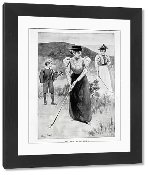 Healthy Recreation; two women golfers and their caddy, c1900