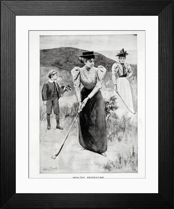 Framed Print : Healthy Recreation; two women golfers and their caddy, c1900 Framed Print : Healthy Recreation; two women golfers and their caddy, c1900