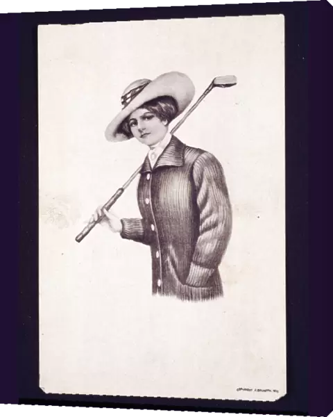 Postcard of woman holding golf club, c1900