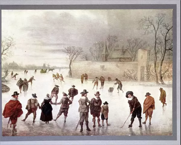Illustration of people playing golf on frozen water, c18th century