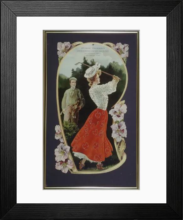 Framed Print : Lady golfer playing a shot, watched by her caddy, c1910 Framed Print : Lady golfer playing a shot, watched by her caddy, c1910