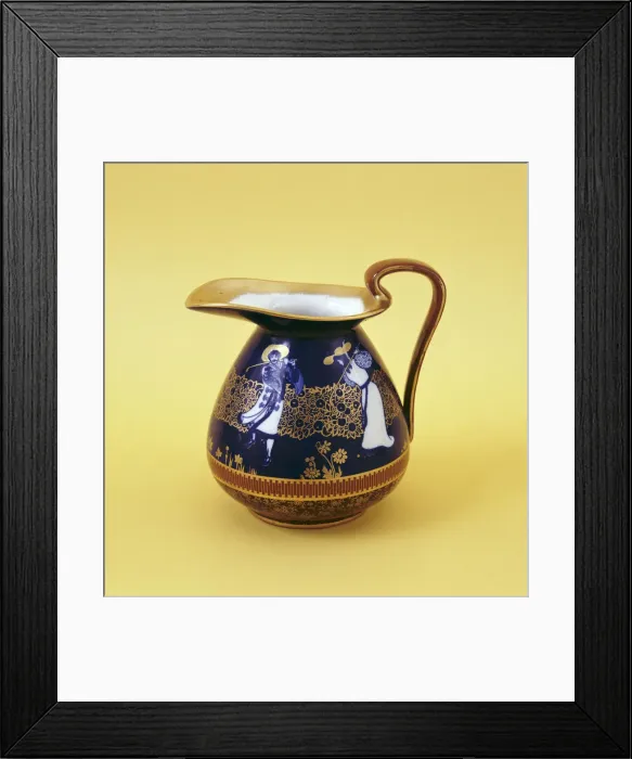 Framed Print : Blue and gold Royal Doulton jug with golfers in 17th century costume, c1910 Framed Print : Blue and gold Royal Doulton jug with golfers in 17th century costume, c1910