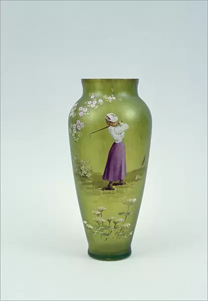 Hand-painted glass vase showing lady golfer, 10 1  /  2 inches high, c1905