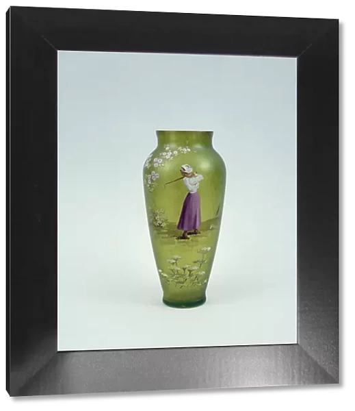 Hand-painted glass vase showing lady golfer, 10 1  /  2 inches high, c1905