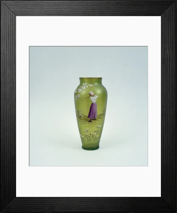 Framed Print : Hand-painted glass vase showing lady golfer, 10 1 / 2 inches high, c1905 Framed Print : Hand-painted glass vase showing lady golfer, 10 1 / 2 inches high, c1905