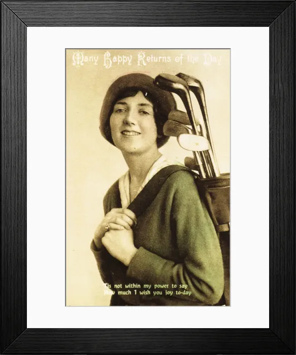 Framed Print : Birthday postcard with a picture of a woman golfer, c1908 Framed Print : Birthday postcard with a picture of a woman golfer, c1908