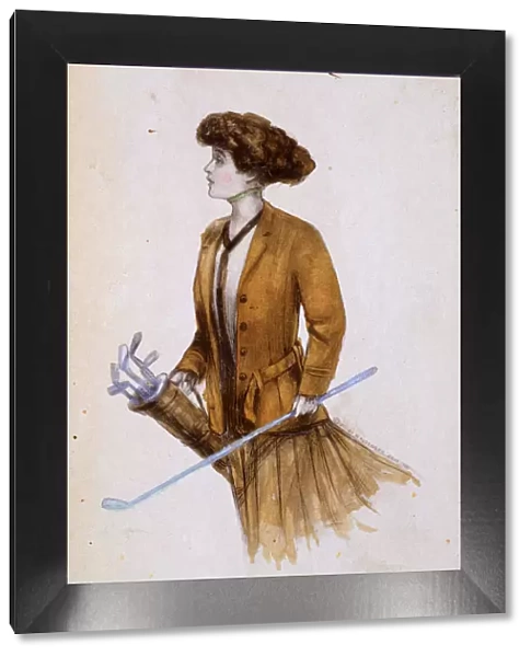 Woman with golf clubs, illustration, c1900