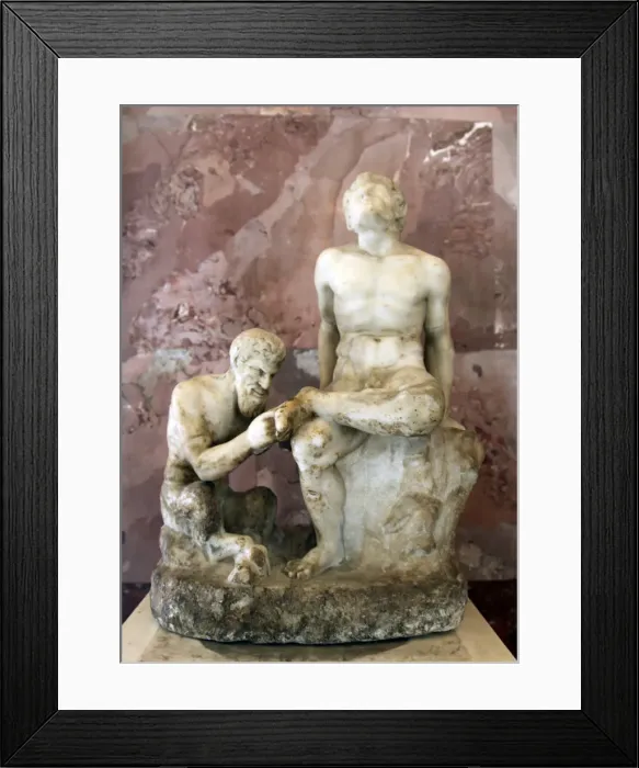 Framed Print : Pan and satyr, Pan removing a splinter from a satyrs foot Framed Print : Pan and satyr, Pan removing a splinter from a satyrs foot