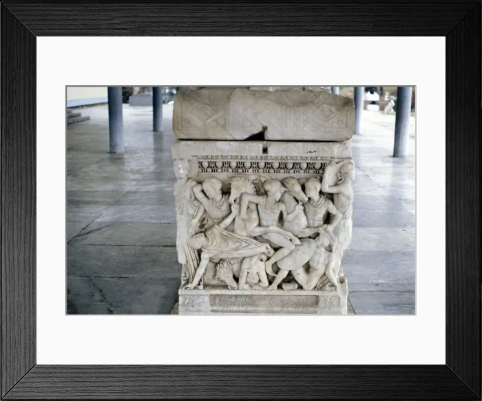 Framed Print : Battle scene on the foot of a sarcophagus, c300 BC Framed Print : Battle scene on the foot of a sarcophagus, c300 BC