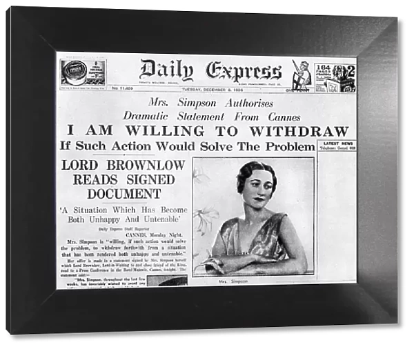 Mrs Simpson offers to withdraw, 8 December 1936