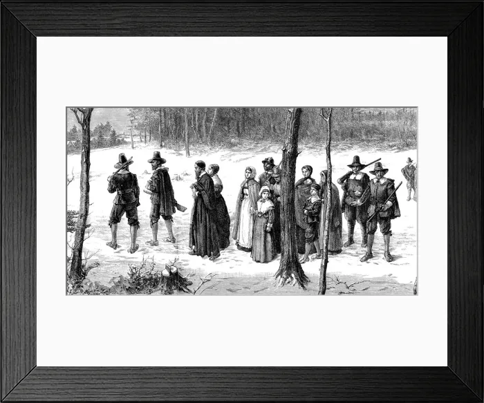 Framed Print : Pilgrim Fathers on their way to church, 1620 Framed Print : Pilgrim Fathers on their way to church, 1620