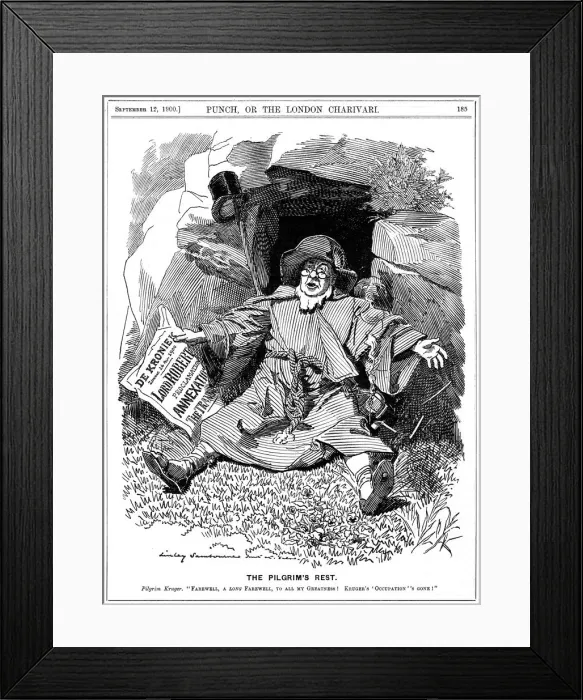 Framed Print : The Pilgrims Rest, caricature af Paul Kruger, South African politician, 1900. Artist: Edward Linley Sambourne Framed Print : The Pilgrims Rest, caricature af Paul Kruger, South African politician, 1900. Artist: Edward Linley Sambourne