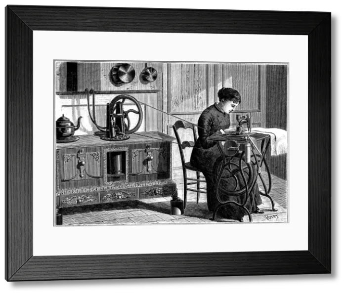 Framed Print : Domestic sewing machine powered by steam, 1883 Framed Print : Domestic sewing machine powered by steam, 1883