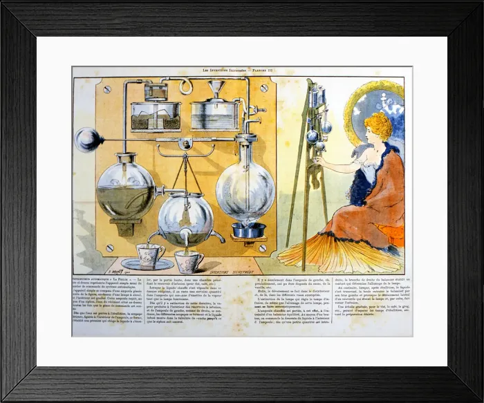 Framed Print : Coffee or tea making machine heated by a small spirit lamp, 1900 Framed Print : Coffee or tea making machine heated by a small spirit lamp, 1900