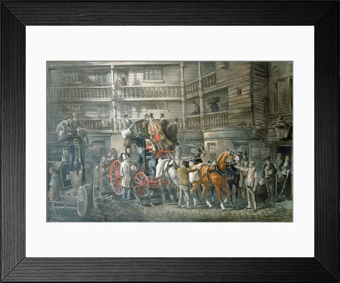 Framed Print : Inn yard with Mail Coach preparing to leave, c1840 Framed Print : Inn yard with Mail Coach preparing to leave, c1840