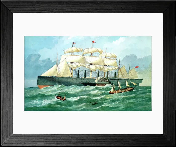 Framed Print : IK Brunels steam ship Great Eastern showing housing for paddle wheel, and sails, 1857 Framed Print : IK Brunels steam ship Great Eastern showing housing for paddle wheel, and sails, 1857