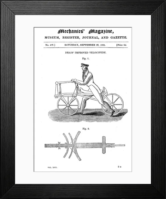 Framed Print : Baron von Draiss bicycle (Draisienne). Exhibited Paris 1818. Artist: Baron von Drais Framed Print : Baron von Draiss bicycle (Draisienne). Exhibited Paris 1818. Artist: Baron von Drais