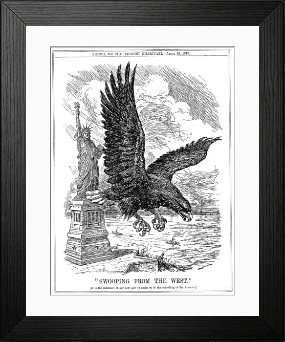 Framed Print : American eagle swooping to guard the Atlantic, 1917 Framed Print : American eagle swooping to guard the Atlantic, 1917