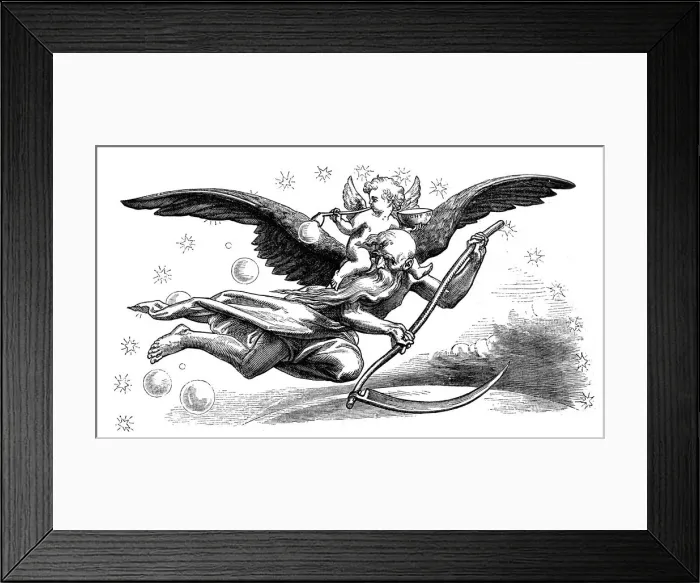 Framed Print : Old Father Time with his scythe, carrying in the New Year, 1870