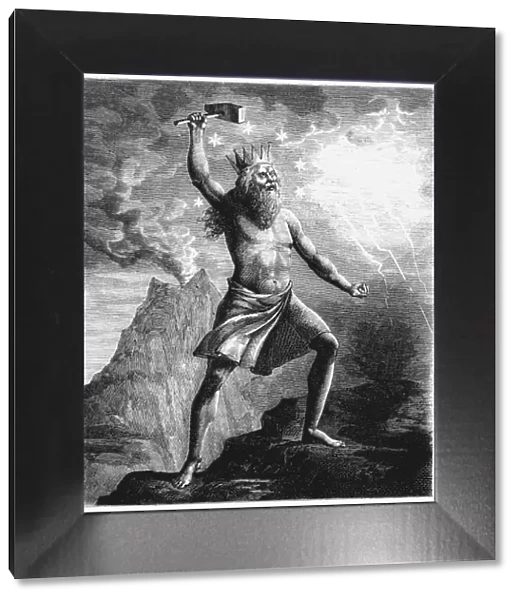 Thor, god of thunder in the Scandinavian pantheon, wielding his hammer, 1874