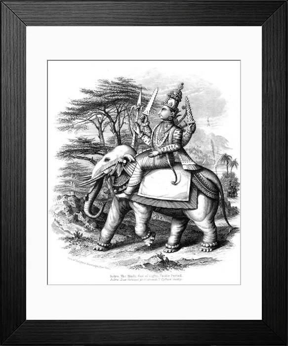 Framed Print : Indra, principal of the Vedic gods of India mounted on his elephant, c1880 Framed Print : Indra, principal of the Vedic gods of India mounted on his elephant, c1880