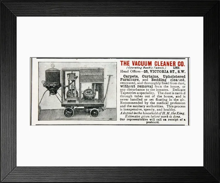 Framed Print : Advertisement for The Vacuum Cleaner Company, 1906 Framed Print : Advertisement for The Vacuum Cleaner Company, 1906