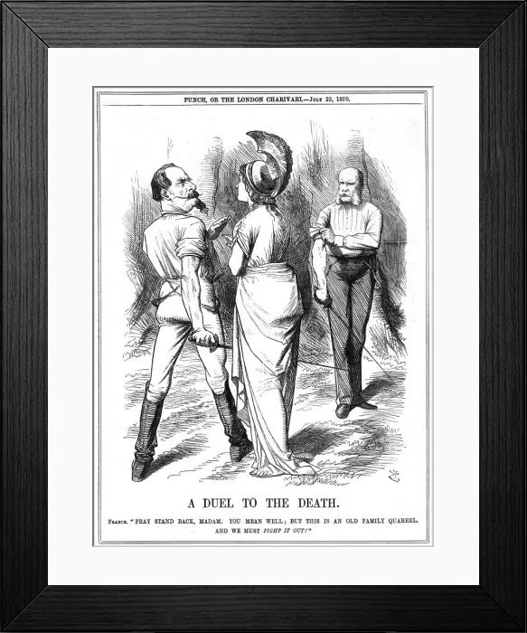 Framed Print : Britannia trying to restrain Napoleon III from embarking on war with Germany, 1870. Artist: John Tenniel Framed Print : Britannia trying to restrain Napoleon III from embarking on war with Germany, 1870. Artist: John Tenniel