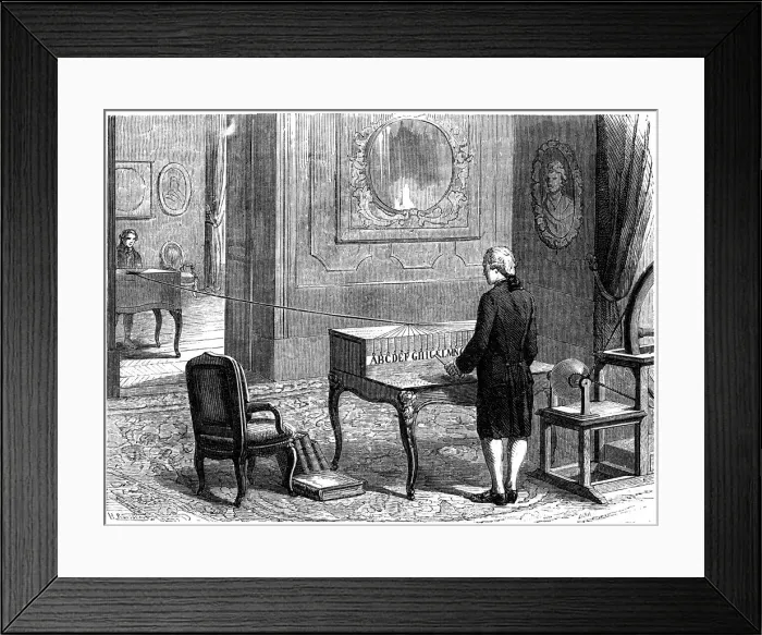 Framed Print : Lesage experimenting with the first electric telegraph, Geneva, 1774 (c1870) Framed Print : Lesage experimenting with the first electric telegraph, Geneva, 1774 (c1870)
