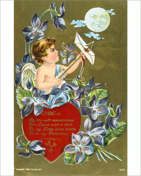 Cupid shooting an arrow carrying a love letter, American Valentine card, 1908