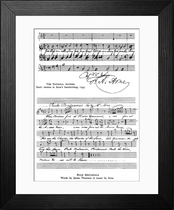 Framed Print : The National Anthem and Rule, Britannia, 18th century. Artist: Thomas Arne Framed Print : The National Anthem and Rule, Britannia, 18th century. Artist: Thomas Arne