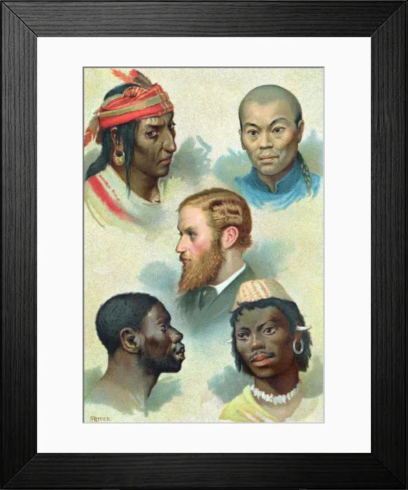 Framed Print : Five types of the human race, late 19th century Framed Print : Five types of the human race, late 19th century